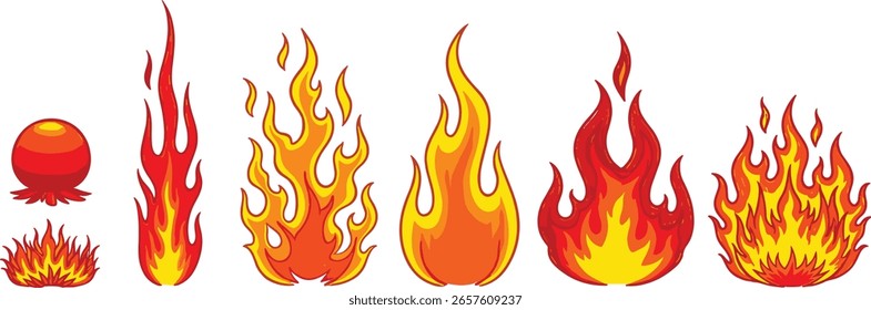 Crayón dibujado rojo fuego llamas iconos colección. Pegatinas de llamas de doodle dibujadas a mano.