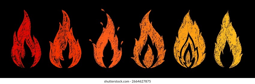 Crayon desenhado vermelho fogo chamas ícones coleção. Adesivos de chamas desenhados à mão. Estilo punk ou rock. Gravando símbolos vetoriais, ícone de chama de fogo. Logotipo do vetor de giz de cera. Ilustração simples de chama	