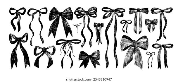 Crayon drawn ribbons and bows vector illustration collection. Coquette style bows drawing, aesthetic elegant girly ribbons. Elegant vintage cliparts. Hand drawn art girly decor. Sketch style drawing.