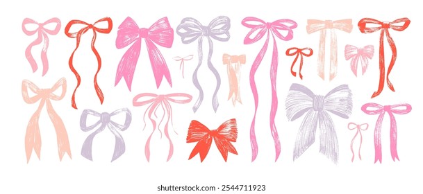 Crayon drawn ribbons and bows vector illustration collection. Coquette style bows drawing, aesthetic elegant girly ribbons. Elegant vintage cliparts in pastel pink color. Hand drawn art girly decor.