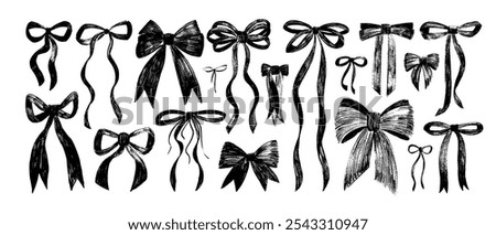 Crayon drawn ribbons and bows vector illustration collection. Coquette style bows drawing, aesthetic elegant girly ribbons. Elegant vintage cliparts. Hand drawn art girly decor. Sketch style drawing.