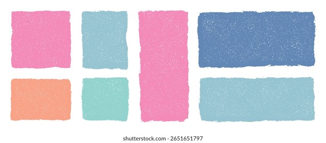 Crayon drawn rough texture squares and rectangles in pastel colors. Abstract geometric hand drawn frames, sketchy vector text boxes, doodle layout, empty blocks, creative playful decoration design
