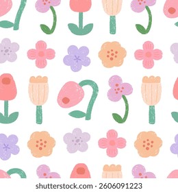 Crayon drawn seamless pattern with various spring flowers
