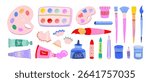 Crayon drawn set of art painting supplies and colorful childish stationary. Paint tubes, brushes, palettes and kid