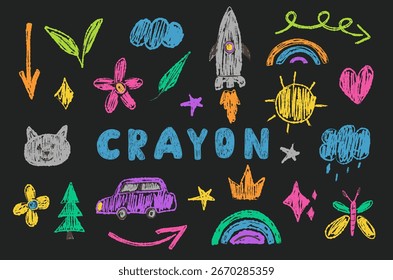 Crayon drawn set with rainbow, arrow and flower in childlike style. Kindergarten elements with chalk brush texture