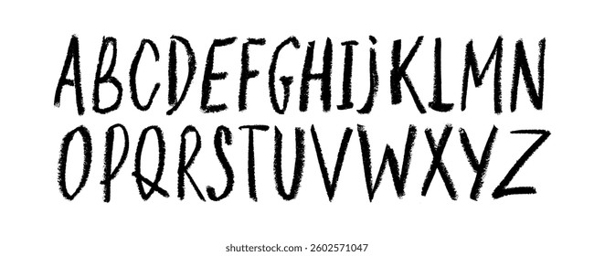Crayon drawn simple alphabet letters collection. Childish funky vector font. Black ink capital letters with rough texture. Cute playful doodle font for school, kindergarten and kid's design.