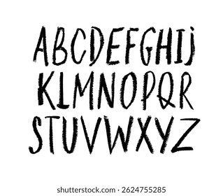 Crayon drawn simple alphabet letters collection. Childish funky vector font. Black ink capital letters with rough texture. Cute playful doodle font for school, kindergarten and kid's design.