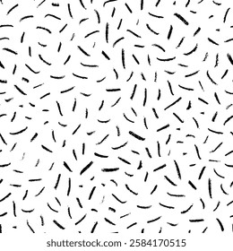 Crayon drawn simple confetti seamless pattern. Hand drawn simple short lines, dashes, pencil strokes seamless pattern. Falling decorative sprinkles background, birthday wrapping paper.