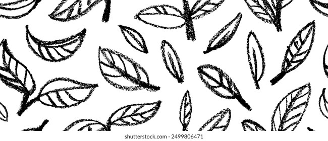 Crayon drawn simple leaves seamless pattern. Pencil or charcoal natural drawing. Grunge style ink painted foliage. Hand drawn seamless banner design with texture doodle leaves and twigs.