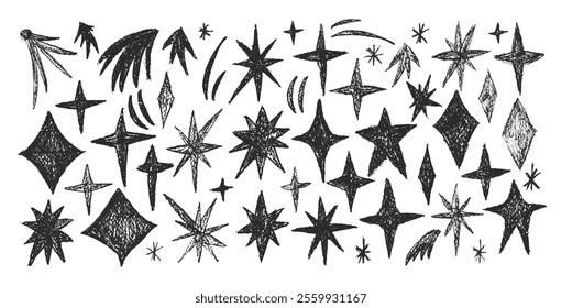 Crayon drawn sparkle stars set. Space shine textured shapes and blings doodle pack. Comets, twinkle and blinking chalk galaxy signs. Vector black scribble illustration isolated on white background.