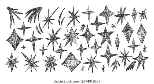 Crayon drawn sparkle stars set. Space shine grunge shapes and blings doodle pack. Comets, twinkle and blinking starburst . Vector pencil black scribble illustration isolated on white background.