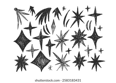 Crayon drawn sparkle stars set. Space shine shapes and blings doodle pack. Comets , twinkle and blinking. Vector pencil or charcoal handdrawn black scribble illustration isolated on white background.