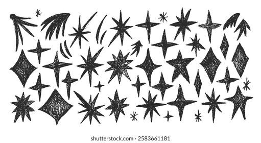 Crayon drawn sparkle stars set. Space shine shapes and blings doodle pack. Comets , twinkle and blinking. Vector charcoal handdrawn monochrome scribble illustration isolated on white background.