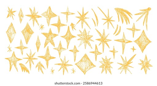 Crayon drawn sparkle stars set. Magic shine shapes and blings doodle pack. Comets and blinking on night sky. Vector handdrawn by pencil or pastel illustration isolated on white background.