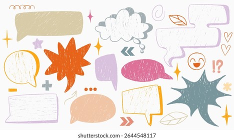 Crayon desenhado discurso bolha conjunto - mão esboçou elementos de comunicação com traços texturizados. Nuvens de pensamento coloridas, caixas de diálogo e rabiscos para ilustrações de crianças, design de mensagens lúdicas.