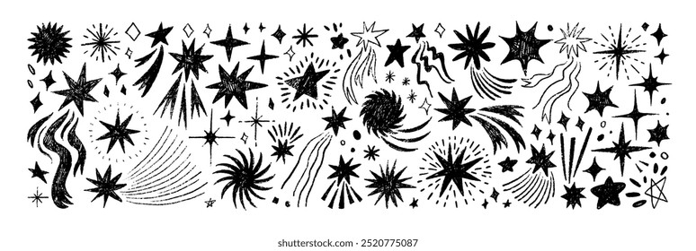 Crayon desenhou estrelas e cometas. Conjunto de faíscas e brilhos de rabiscar gráficos. Desenho a lápis ou carvão. Desenhos de giz de cera noturna. Fazer doodle de estrelas mágicas piscando, carvão cósmico motivo.