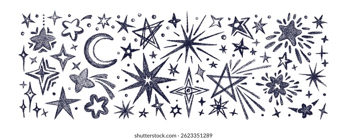 Crayon desenhou estrelas e cometas. Vetor mágico céu noturno, lua, motivo de crianças cósmicas. Conjunto de formas de rabiscar. Lápis de cera, elementos de giz. Textura grunge
