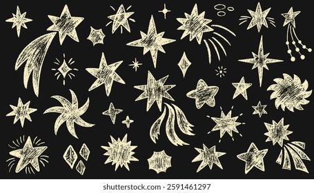 Crayon drawn stars, meteorite and comets. Doodle color magic blinking stars, charcoal cosmic. Set of doodle sparks and sparkles. Pencil or charcoal drawing. Vector crayon drawings of night sky vector 