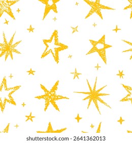 Crayon drawn stars seamless pattern. Vector holiday wallpaper. Art pencil magic sky, cosmic children abstract motif. Set of doodle shapes. Wax chalk elements. Pastel texture