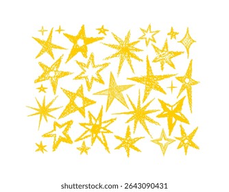 Sternenzeichen mit Buntstiftzeichnung. Von Hand gezeichnetes Zufallsmuster. Kunstbleistift magischer Himmel, kosmische Kinder abstrakte goldene Ikone. Satz von Doodle-Formen. Wachskreideelemente. Grunge-Textur
