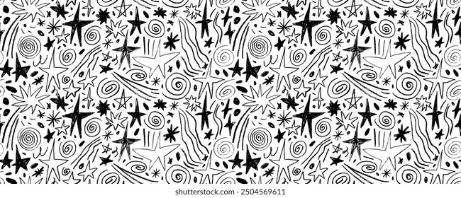 Crayon drawn stars and spirals seamless pattern. Freehand squiggles, dots, sparkles, doodle space motif. Kid seamless pattern with cute pencil drawn star shapes and confetti. Punk style background.