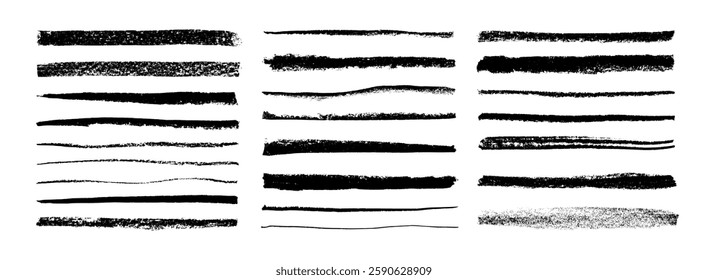 Crayon drawn straight thin and bold lines collection. Doodle horizontal sketchy pencil lines, strikethroughs and underlines. Charcoal or chalk smears for hand drawn notes, diagrams and graphic design.