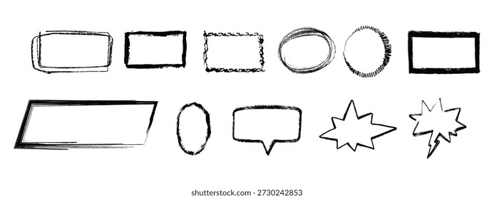 Crayón dibujado cuadro de texto colección. Cuadros de texto con marcos texturizados. Figuras redondeadas y cuadradas. Vector dibujado a mano Formas. 