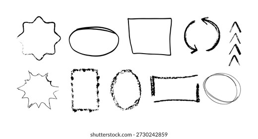 Crayón dibujado cuadro de texto colección. Cuadros de texto con marcos texturizados. Figuras redondeadas y cuadradas. Vector dibujado a mano Formas. 