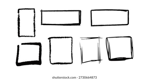 Crayón dibujado cuadro de texto colección. Rectángulo y redondo Dibujado a mano colección de la pluma que muestra las marcas de subrayado de círculos redondos con líneas y trazos de doodle. 