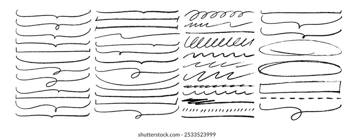 Buntstifte, Unterstreichungen, Schnörkel und Betonungsstriche Sammlung. Handgezeichnete horizontale Vektorkritzeleien, Ovale und Klammern. Doodle Freehand Betonungselemente. Buntstifte und Streifen.