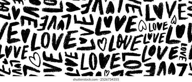 Crayon drawn various love words seamless pattern. Romantic seamless banner background with scribble phrases and hearts. Vector typographic funky wallpaper. Abstract chaotic pattern with words "love".