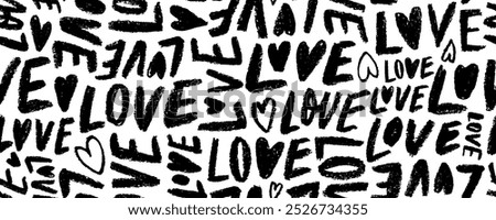 Crayon drawn various love words seamless pattern. Romantic seamless banner background with scribble phrases and hearts. Vector typographic funky wallpaper. Abstract chaotic pattern with words 