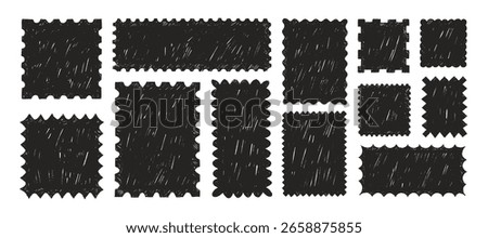 Crayon drawn vintage postcard stamp or picture frames. Graphic post card stamp illustrations. Rectangle and square tex boxes with wavy or zigzag edges. Black whimsical boarders and frames.