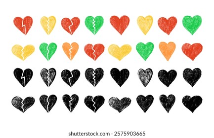 Crayon drawn whole and broken hearts in various colors on white

