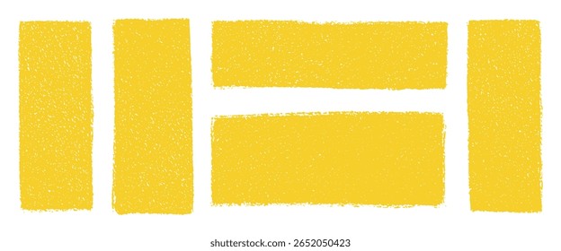Crayon drawn yellow grunge rectangles and squares with rough pastel edges. Hand drawn text boxes, abstract sketch speech bubbles, pencil chalk shapes on transparent background vector design