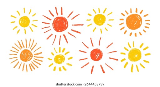 Crayon drawn yellow, red and orange naive sun icons. Vector kid's drawing, crayon pencil doodle sun. Hand drawing chalk scribble. Texture childish elements for kindergarten design, childish banners.