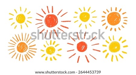 Crayon drawn yellow, red and orange naive sun icons. Vector kid's drawing, crayon pencil doodle sun. Hand drawing chalk scribble. Texture childish elements for kindergarten design, childish banners.