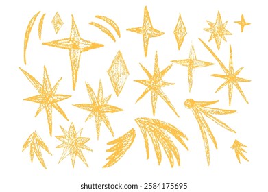 Crayon drawn yellow sparkle stars set. Space shine shapes and blings doodle pack. Comets and blinking on night sky. Vector handdrawn by pencil or pastel illustration isolated on white background.