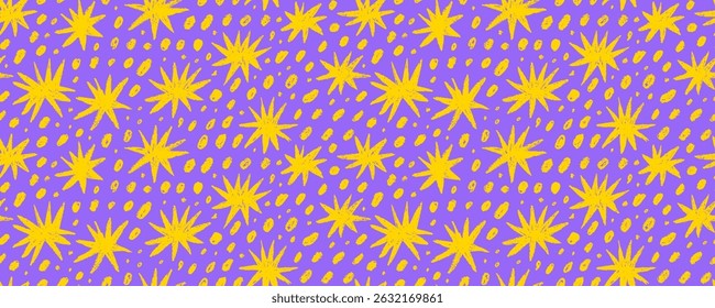 Crayon drawn yellow stars and dots on violet background. Shine and sparkle hand drawn seamless banner design. Vector grunge texture star shapes. Cute kid's drawing seamless pattern.