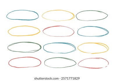 Crayon ellipse frames set. Hand drawn highlight oval borders. Freehand shapes collection. Underline stroke circular mark. Grunge scribble pack. Vector illustration isolated on white background.