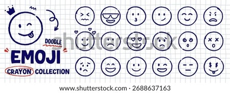 Crayon emoji face doodle set. Chalk blue pen icons with emotions, hand drawn kids smile in sketch style. Vector illustration on white checkered notebook paper background