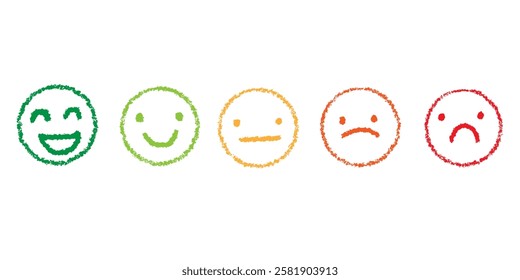 Crayon face emotion customer satisfaction survey service doodle faces set. Happy angry avatar sketches.