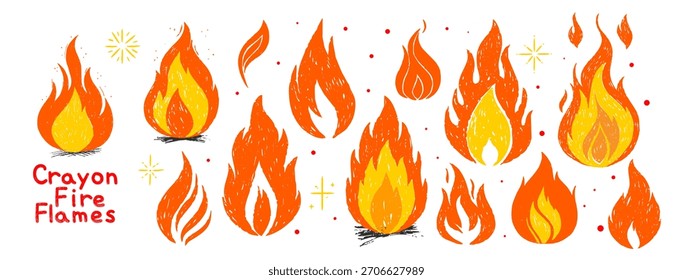 Buntstiftfeuerflammensammlung. Handgezeichnetes Doodle-Flammenset mit farbiger Textur. Vektorgrafik für Collage, Aufkleber, Grafikdesign