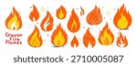 Crayon fire flames set. Hand drawn doodle flame collection with chalk texture. Vector illustration for sticker, graphic, and collage design