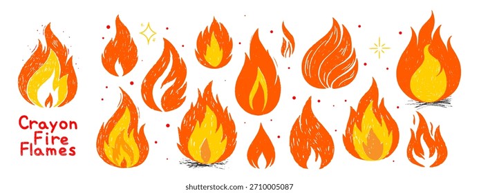 Crayon fire flames set. Hand drawn doodle flame collection with chalk texture. Vector illustration for sticker, graphic, and collage design