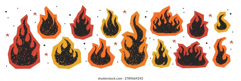 Crayon fire. Y2K vintage simple icons. Pencil grunge texture with burning fire flame. Collection of cutout paper collage stickers. Vector illustration in scrapbook style.