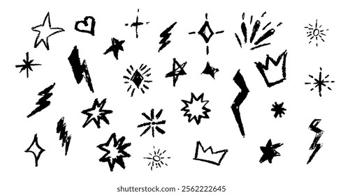 Crayon firecracker stars heart and crown in black color. BW collection of rock n roll design elements. Grunge texture punk and grafitty symbols. Cartoon charcoal handdrawn icons. Vector illustration