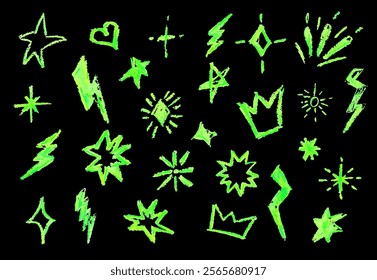 Crayon firecracker stars heart and crown in black color. BW collection of rock n roll design elements. Grunge texture punk and grafitty symbols. Cartoon charcoal handdrawn icons. Vector illustration