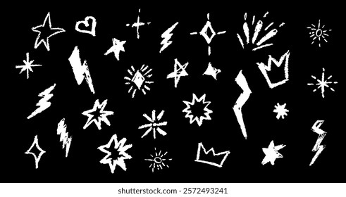 Crayon firecracker stars heart and crown in black color. BW collection of rock n roll design elements. Grunge texture punk and grafitty symbols. Cartoon charcoal handdrawn icons. Vector illustration