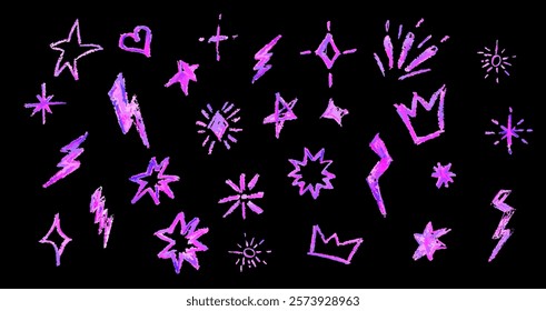 Crayon firecracker stars heart and crown in acid pink color. Collection of rock n roll design elements. Grunge texture punk and grafitty symbols. Cartoon charcoal handdrawn icons. Vector illustration